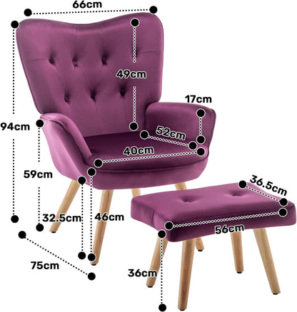 HollyHOME Fauteuil met Voetenbank Comfortabele Fauteuil Woonkamer Fluwelen Leesstoel Slaapkamer Accentstoelen Loungestoelen, Paars