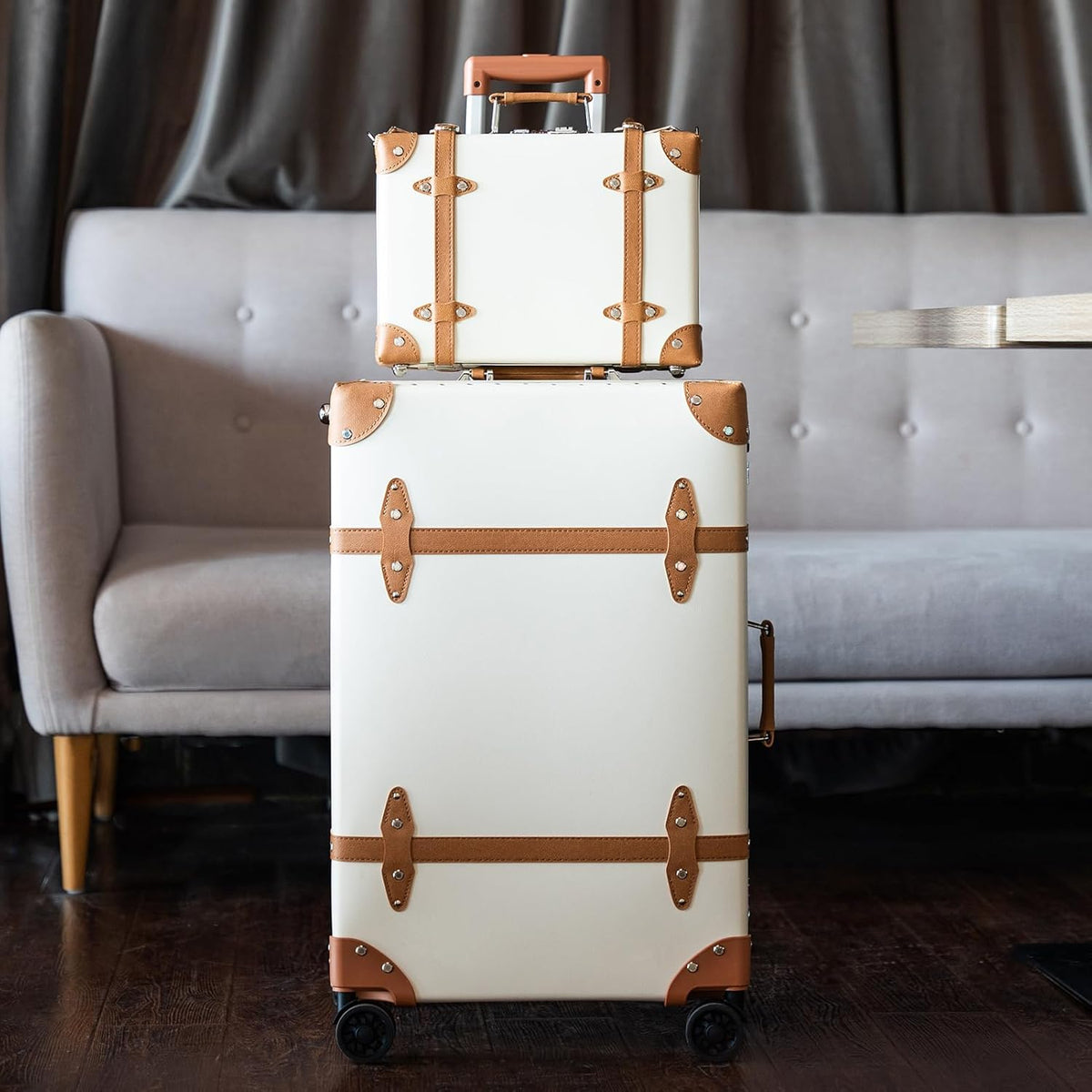 Urecity 3-delige retro bagageset - vintage lederen koffer voor dames, stijlvolle en ruime reiskofferset met robuust aluminium frame, wit met bruin, S(12")+L(26"), vintage