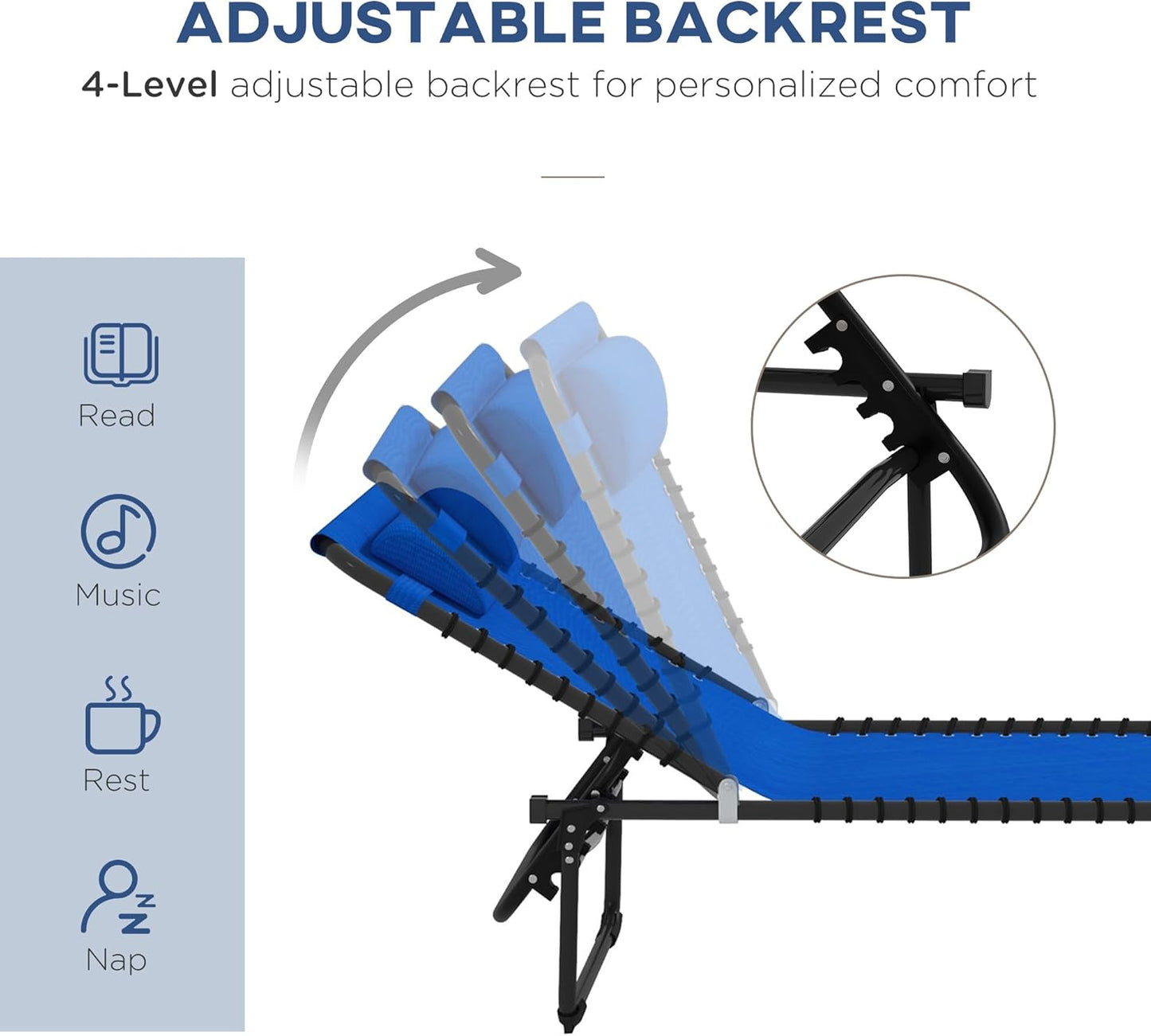 Outsunny 2 Piece Folding Sun Loungers, Outdoor 4 Levels Adjustable Backrest Reclining Chaise Chairs, Steel Frame Recliner for Camping, Hiking, Navy Blue - QUORE