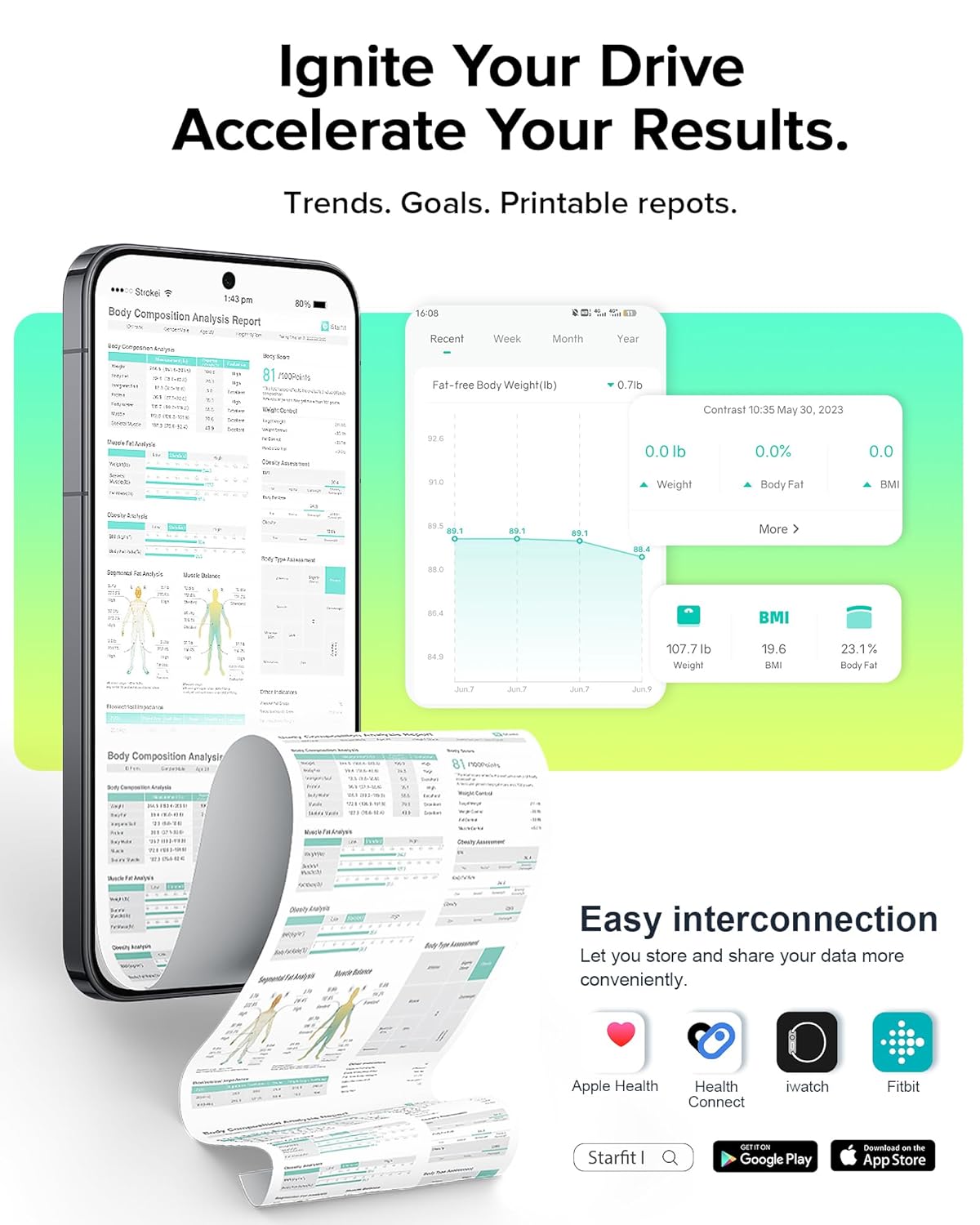 RunSTAR Digitale personenweegschaal met 8 elektroden voor lichaamsgewicht en lichaamsvet, BMI, spiermassa en analyse van 28 lichaamsmaten, app-gebruik, 3-metrische weergave, 180 kg