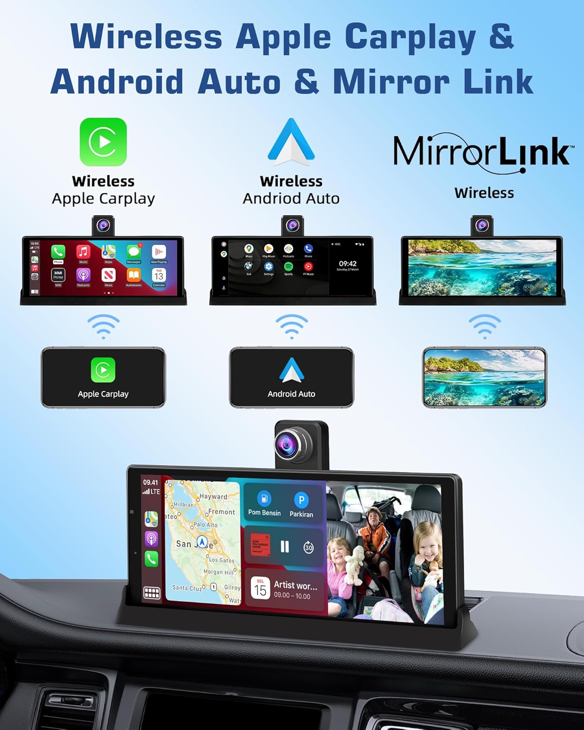Exclusieve houder: Carplay display, Android autodisplay met 350° draaibare 4K dashcam, 10,26 inch draagbare driveplay-autoradio, Carplay Dual-Bluetooth rijnavigatie Siri G-oogle