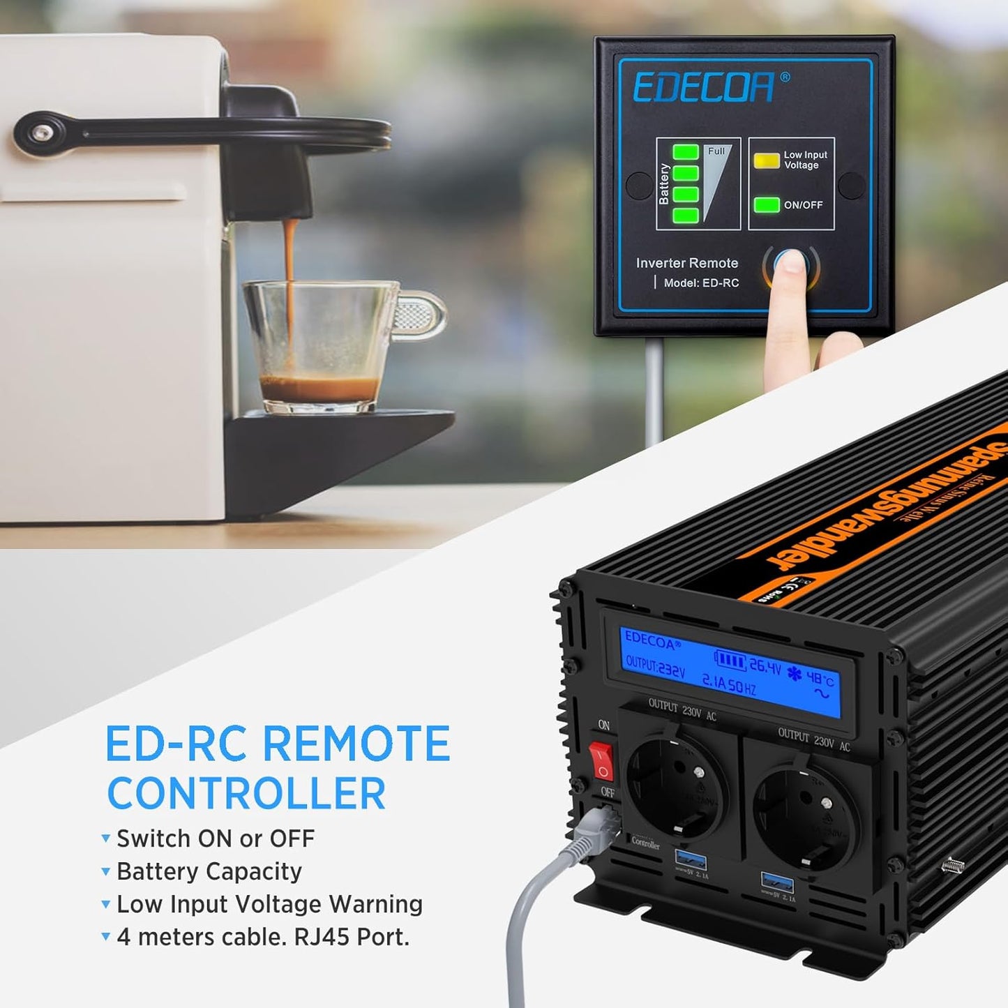 EDECOA Omvormer Zuivere Sinus 1500 W 24 V 230 V 3000W Omvormer 24V 230V Spanningsomvormer Inverter Pure Sine Wave met Afstandsbediening LCD Scherm 2 EU Stopcontact en Kabel