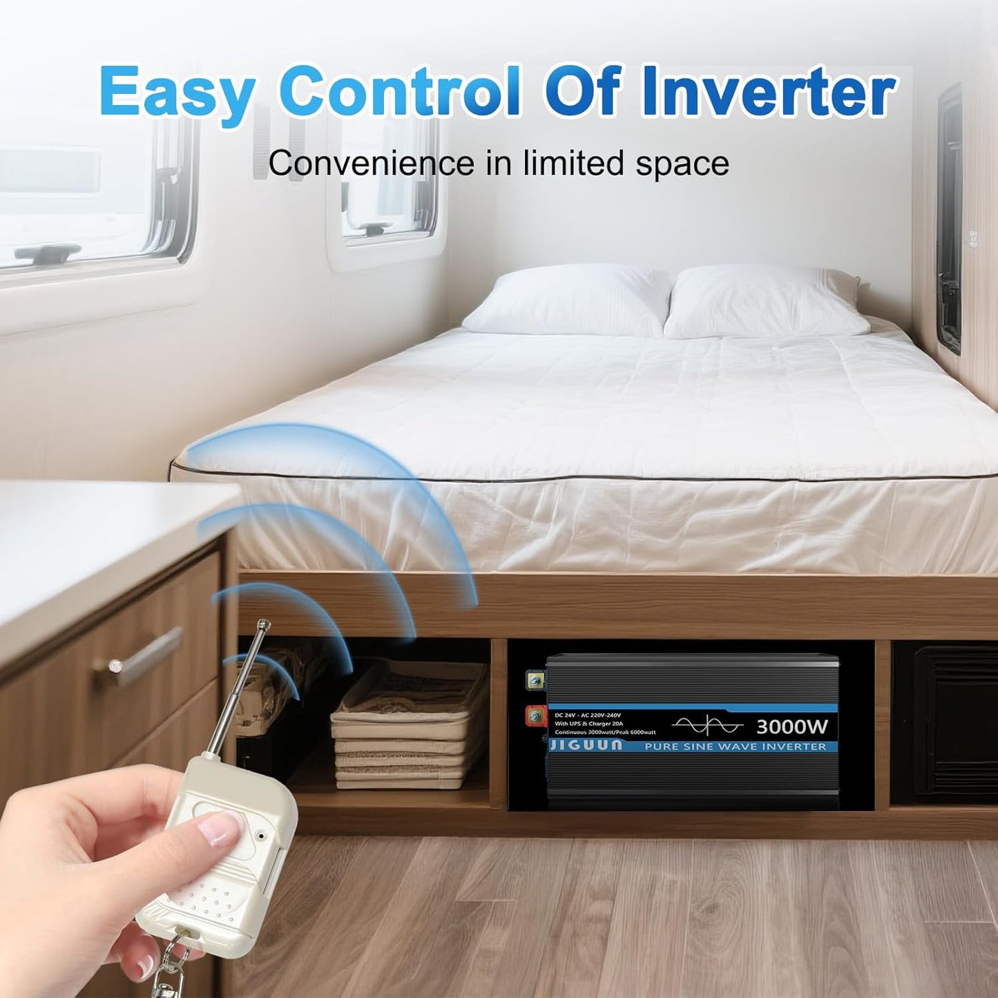 JIGUUN 3000W omvormer 24v naar 230v zuivere sinus met 20A lader en net prioriteit circuit en UPS, 2 EU-stopcontacten, draadloze afstandsbediening en LCD-display piekvermogen 6000W