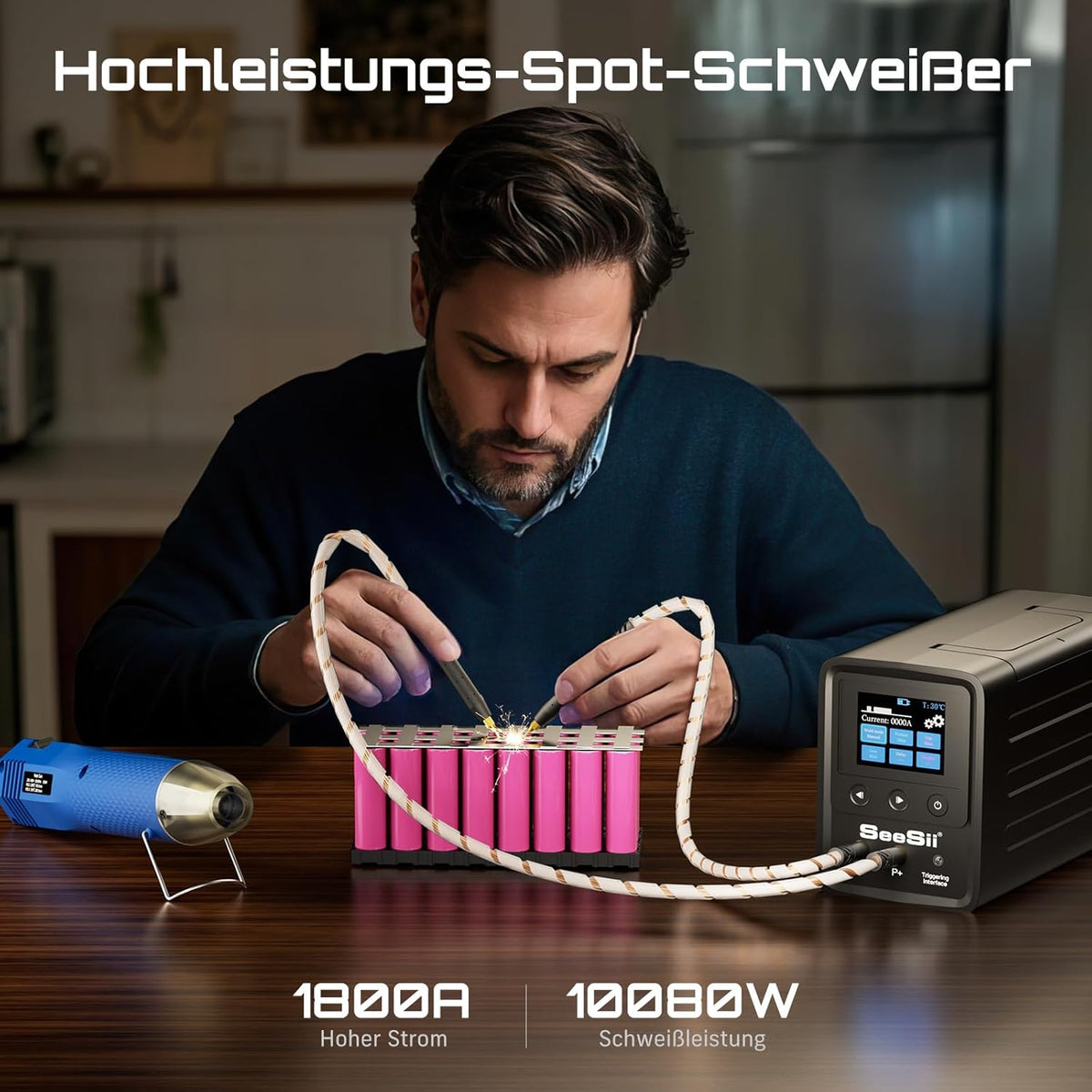 SEESII spot welder machine voor accu's met condensatoren: 10080W accu lasapparaat met heteluchtpistool-kit, spot welder voor 0,1-0,5 mm vernikkelde strips, 999 versnellingen voor 18650 lithium accu