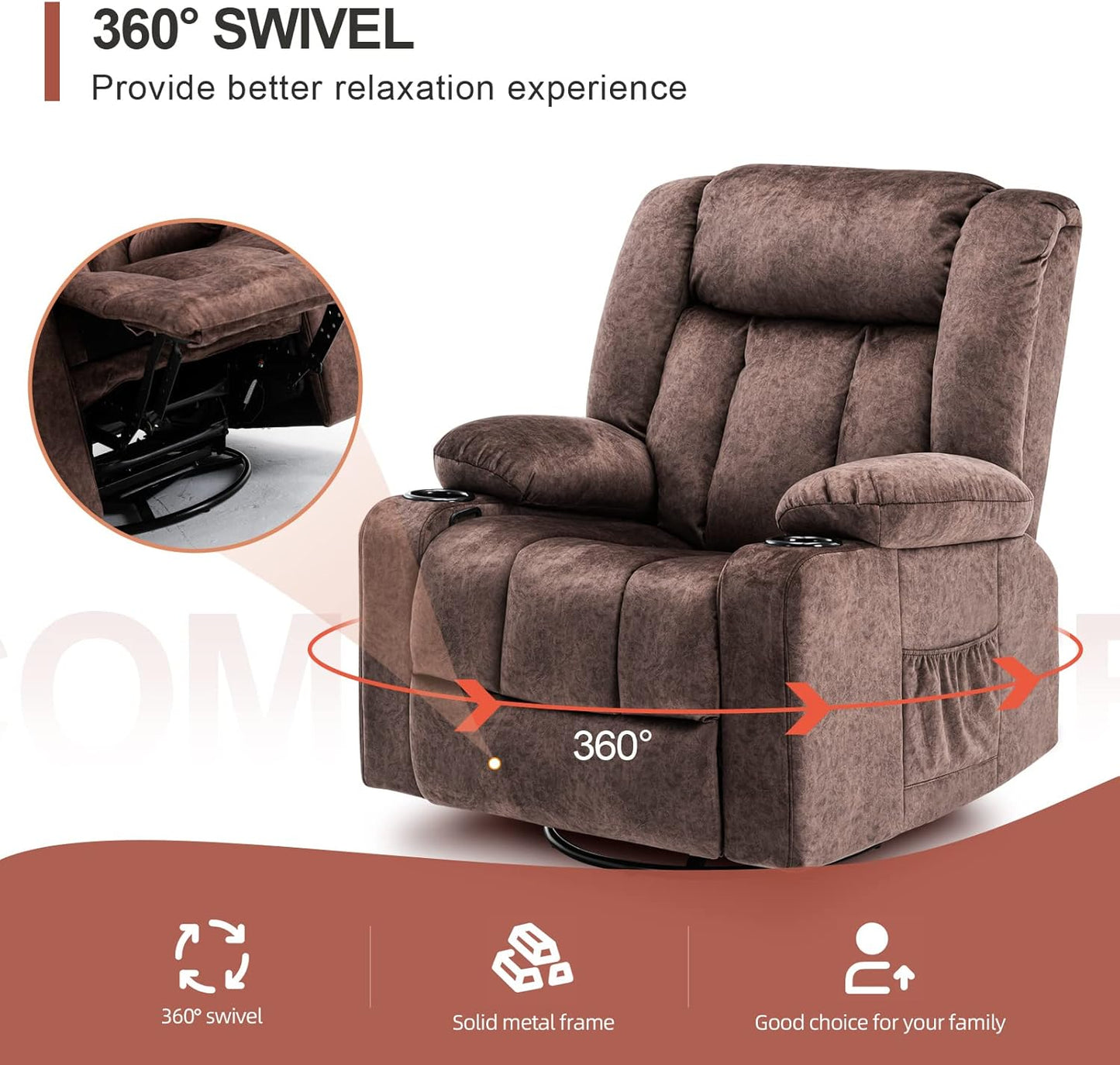 Relaxfauteuil – Relaxstoel – Lounge Chair – Fauteuil – Verstelbare Stoel – 360° Draaibaar – Inclusief Bekerhouders – Stevig Metalen Frame – Bruin – Comfortabele Bekleding – Ergonomisch Ontwerp