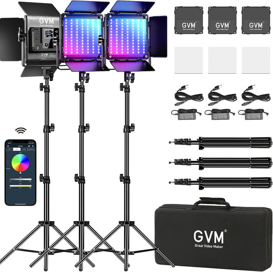 GVM RGB LED-videoverlichtingsset, 800D studio-videolampen met app-bediening, filmverlichtingsset voor YouTube-fotografieverlichting, 3 stuks led-lichtpaneel, gaming, conferentie, 8 scènelichten, CRI