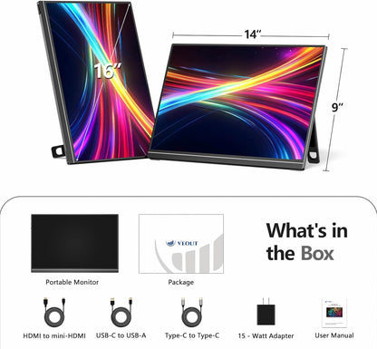 Draagbaar Scherm – Portable Monitor – Mobiel Display – Extra Beeldscherm – Mobiele Monitor – 16 Inch 2,5K Resolutie – 144Hz Verversingssnelheid