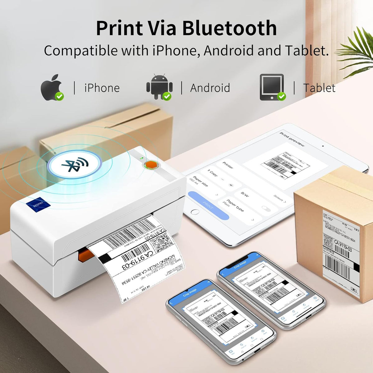JADENS Bluetooth thermische labelprinter, 4 x 6 verzendlabelprinter voor verzendpakketten 203 DPI, 1.2"-4.1" afdrukformaat compatibel met Hermes, Royal Mail, Amazon, Shopify