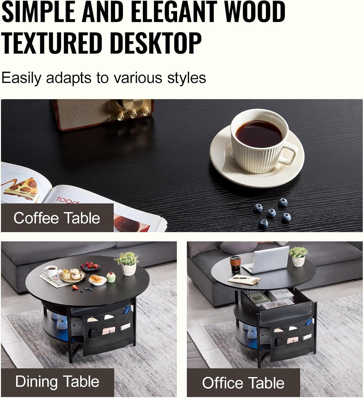 Koffietafel - Table - Coffe table - Living Room Table - Lift Top salontafel - tafel met extra opbergruimte - omklapbare salontafel voor de woonkamer - 35in - Zwart - 57.76lbs