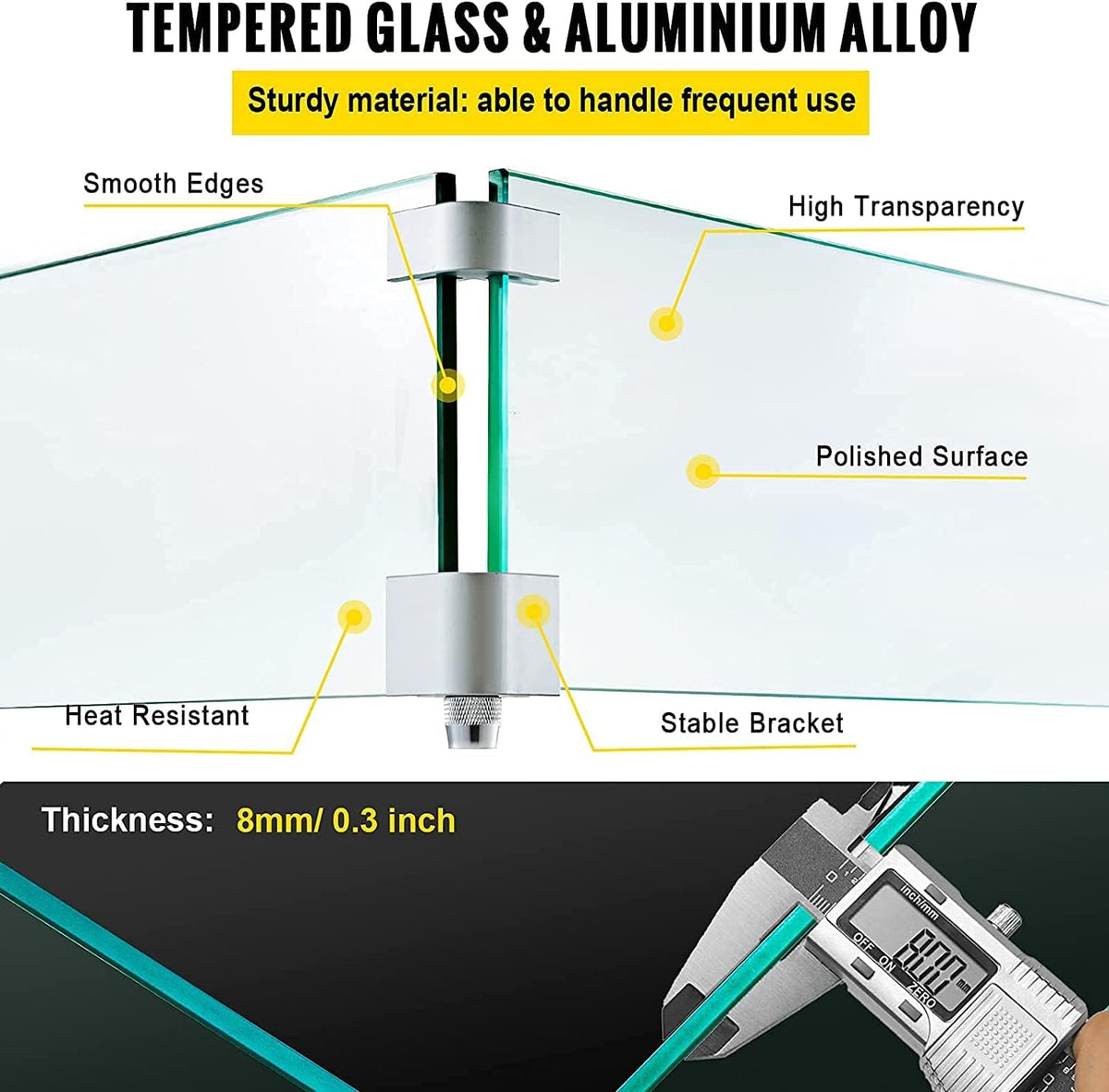 MESIDA 53x53x15 cm Vuurkorf Glas Windscherm, Gehard Glas Vuurplaats Tafelschild, Dik en Stevig, met Stevige Aluminium Hoekbeugel