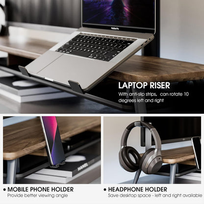Fenge Monitor Stand, Dual Monitor Riser voor 2 monitoren met verstelbare Laptop Riser, 108cm Desk Organizer met Pad / Hoofdtelefoonhouder Max Belasting 50KG (Bruin)