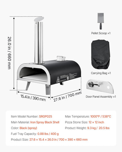 VEVOR Outdoor Pizza Oven, 30cm Wood Fired Pizza Ovens Pellet Pizza Stove with Thermometer, Portable Pizza Maker for Outdoor Backyard Patio Camping Pizza Stone Carry Bag Shovel Black - QUORE