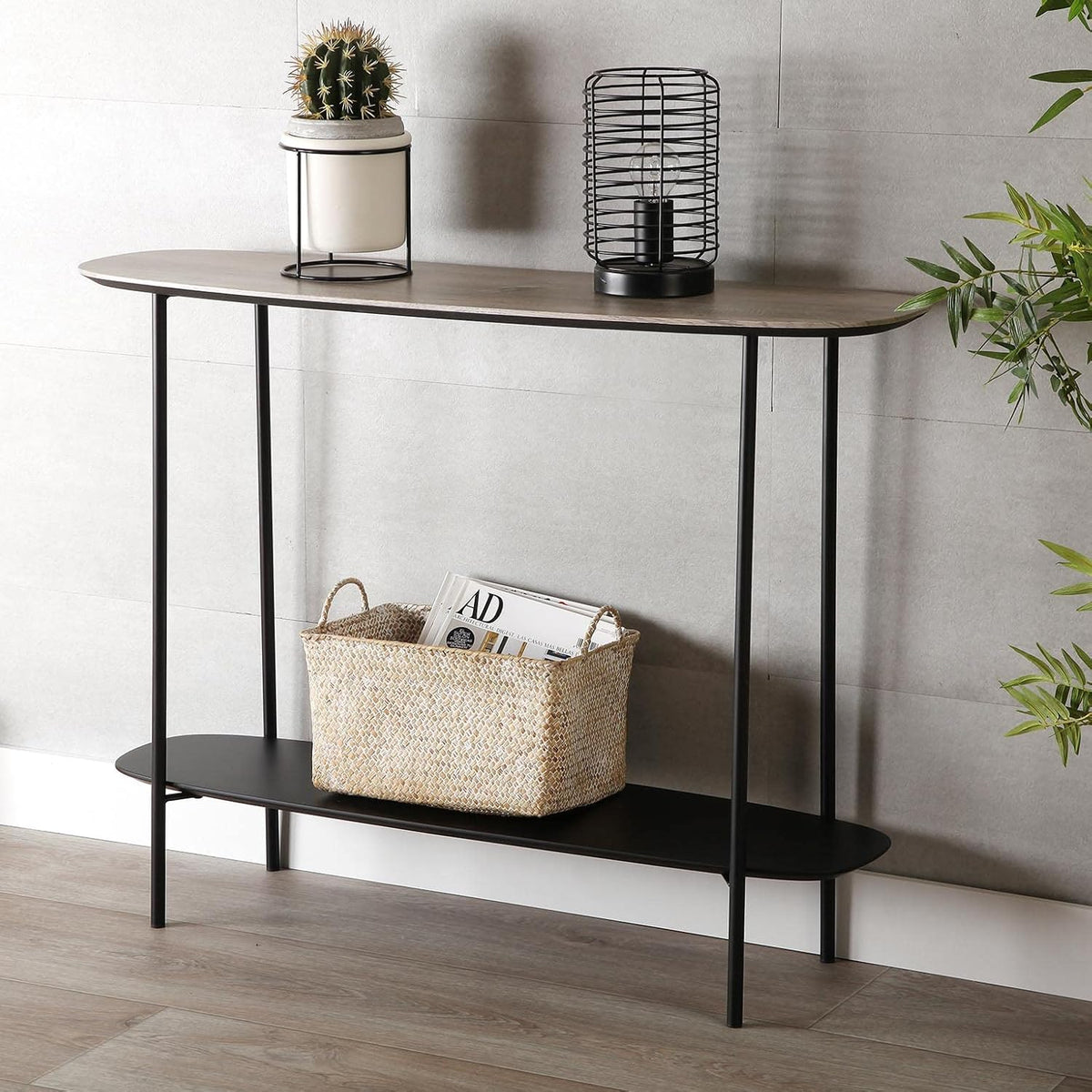 Versa Salem Smalle hal of vestibule Entree hal meubilair, Console Tafel, met onderste plank, Afmetingen (H x B x H) 75 x 30 x 100 cm, Hout en metaal, Kleur Bruin en Zwart