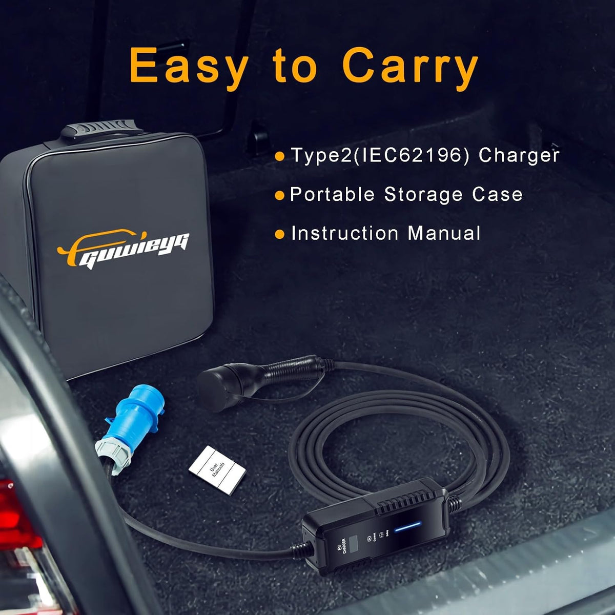 Type2 Draagbare EV Lader, 7.2kw, IEC 62196 draagbare oplader voor elektrische voertuigen met CEE-stekker, 6-32A instelbaar met Smart APP, 5M