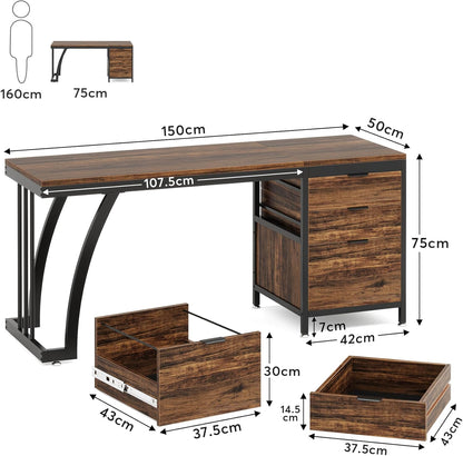 Tribesigns Computer Table with 3 Drawers, 150cm, PC Desk with Reversible Drawers, Industrial Desk with File Drawer for Home Office, Rustic Brown