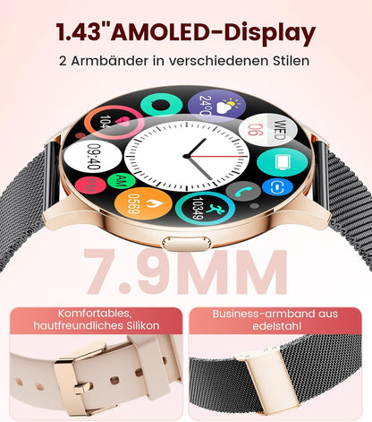 DREMAC Smartwatch voor dames met bluetooth-oproep/1,43 inch Amoled smartwatch met 120 sportmodi, 24/7 hartslagmonitor, stappenteller/SpO2/slaap, compatibel met Android iOS
