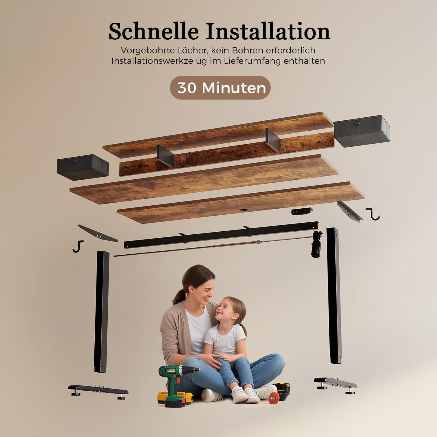 Klicelor Verstelbaar Bureau in Hoogte met Dubbele Lades, Elektrisch Verstelbaar Bureaux in Hoogte, Ergonomisch Sta bureau, 140x60, Bruin