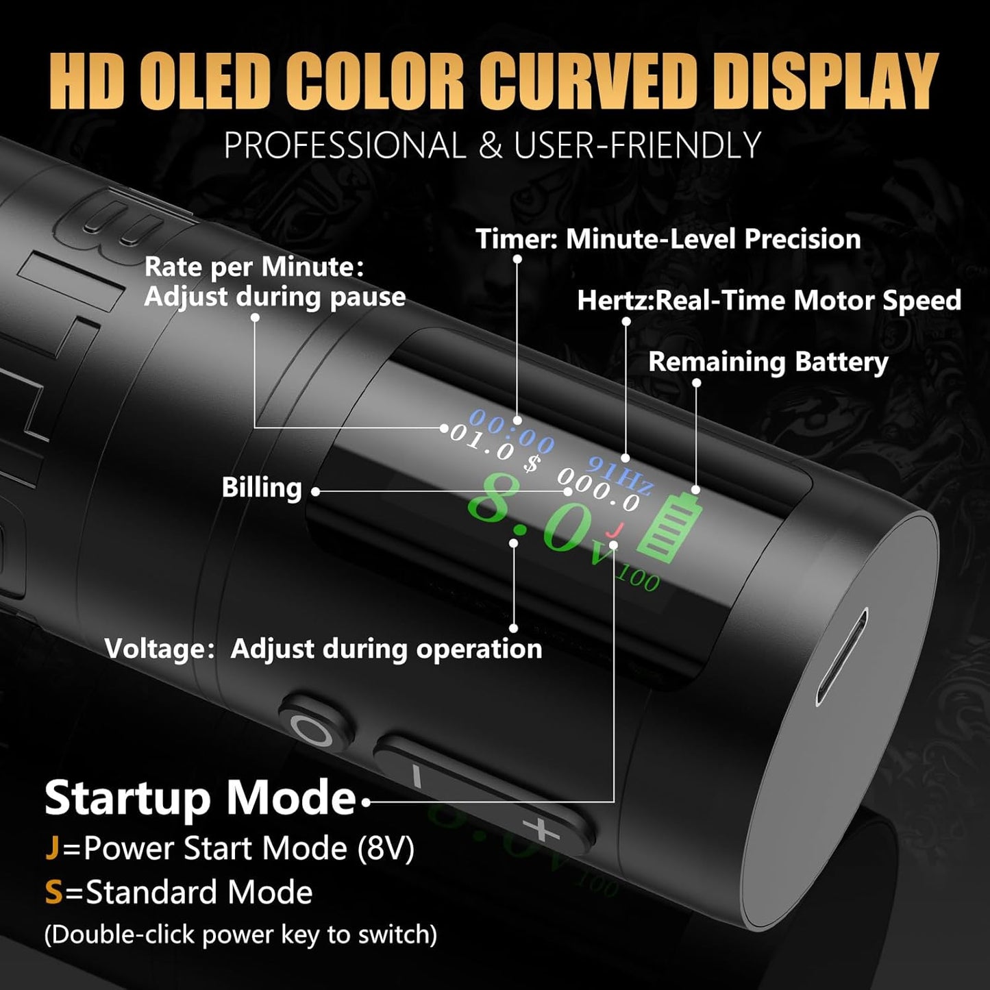 Ambition C1 Tattoo Kit – Draadloze Complete Tattoo Pen Machine voor Beginners, 7 Verstelbare Slagen, Dubbele 1900mAh Accu voor Starters