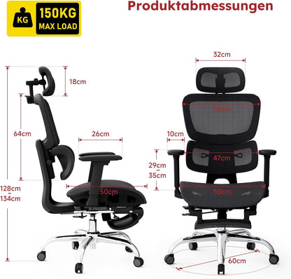 Bureaustoel – Ergonomische Stoel – Office Chair – Gamingstoel – Computerstoel – Volledig Mesh Design – Verstelbare Rugleuning & Voetsteun