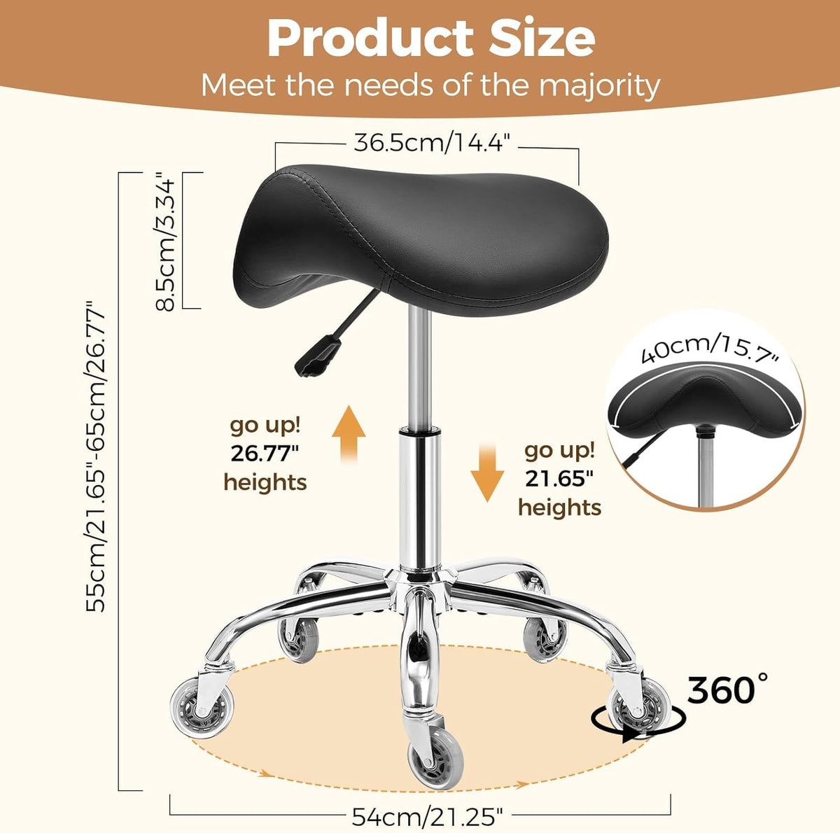 BEWISHOME Ergonomische Zadelkruk met Wieltjes, Hydraulisch in Hoogte Verstelbaar, Groot Zitkussen, Kapsalons, Schoonheidssalons, Massageklinieken en Spa's (Zwart)