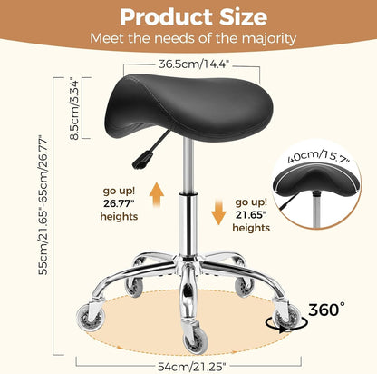 BEWISHOME Ergonomische Zadelkruk met Wieltjes, Hydraulisch in Hoogte Verstelbaar, Groot Zitkussen, Kapsalons, Schoonheidssalons, Massageklinieken en Spa's (Zwart)
