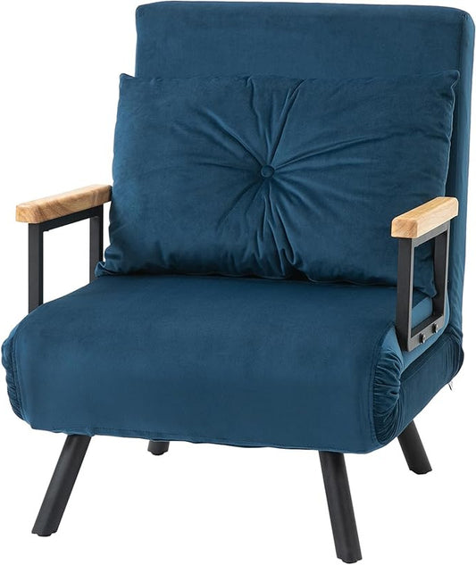 HOMCOM Sofa Bed, Folding Bed with Bed Function, Relax Chair with Back Cushion, Upholstered Sofa with Adjustable Backrest, Velvet Look, 63 x 73 x 81 cm, Blue - QUORE