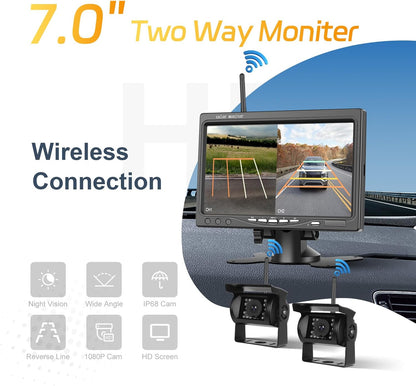 Dual draadloze achteruitrijcamera, IPS-monitor 7 inch, 1080p digitale groothoek voor nachtzicht, waterdicht IP68, achteruitrijcamera set met gesplitst display, dode hoek waarschuwing 12-36 V