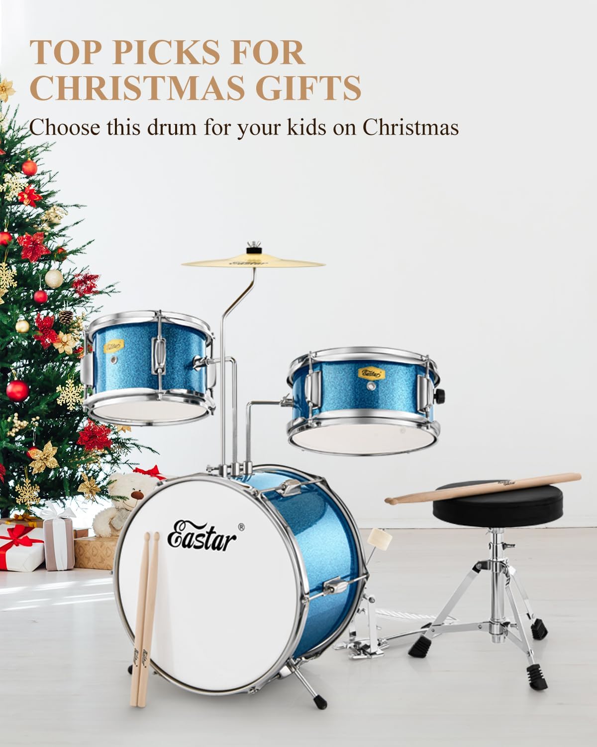 Eastar 3-delig voor kinderen, 3-delig voor beginners, 14 inch drumset met verstelbare troon, bekken, pedaal en twee paar drumsticks, junior drumset met bas Tom snaredrum, metallic hemelsblauw