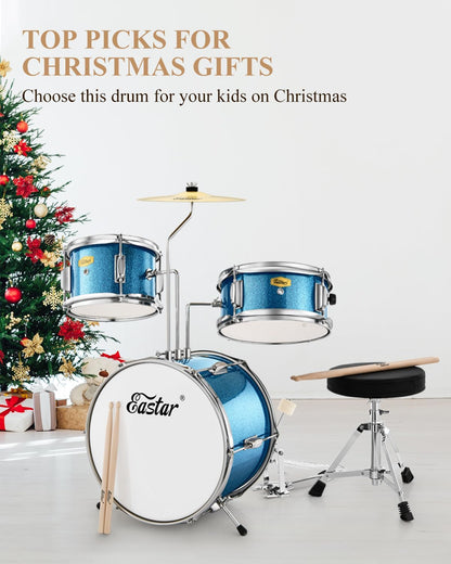 Eastar 3-delig voor kinderen, 3-delig voor beginners, 14 inch drumset met verstelbare troon, bekken, pedaal en twee paar drumsticks, junior drumset met bas Tom snaredrum, metallic hemelsblauw