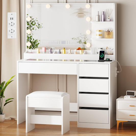 ANWBROAD Makeup Table with LED Lighting and Stool, Dressing Table with Sockets and Large Mirror, Dressing Table with 5 Drawers, Open Shelves, Modern, White BDT74W - QUORE