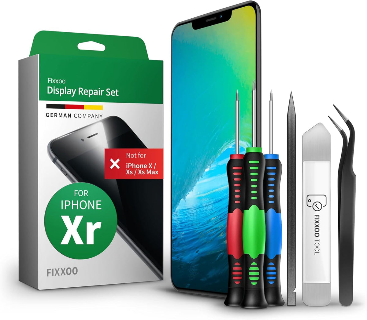 GIGA Fixxoo Display set compatibel met iPhone XR, reparatieset compleet zwart, reservebeeldscherm, Retina LCD glas met touchscreen, incl. geïntegreerde frontcamera & gereedschap