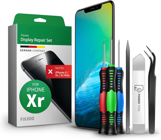GIGA Fixxoo Display set compatibel met iPhone XR, reparatieset compleet zwart, reservebeeldscherm, Retina LCD glas met touchscreen, incl. geïntegreerde frontcamera & gereedschap