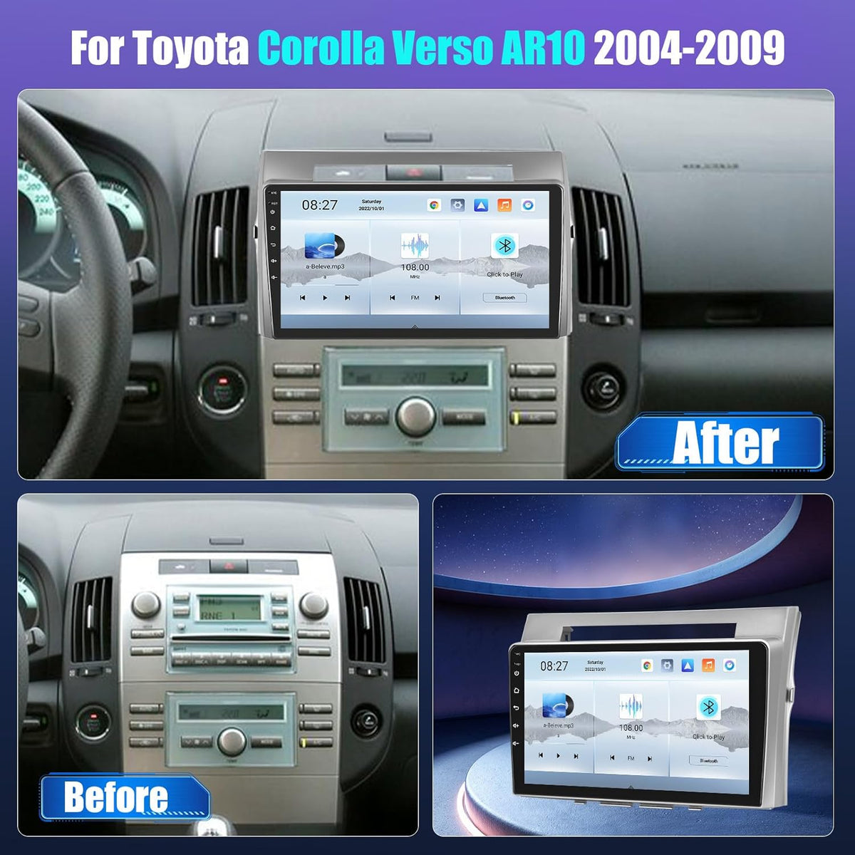 Inefala Android 15 Qualcomm 8 Core 4+64G Autoradio voor Toyota Corolla Verso AR10 2004-2009 met draadloze Carplay, 9'' touchscreen met Android Auto Mirror Link FM/RDS-radio GPS WIFI Bluetooth SWC
