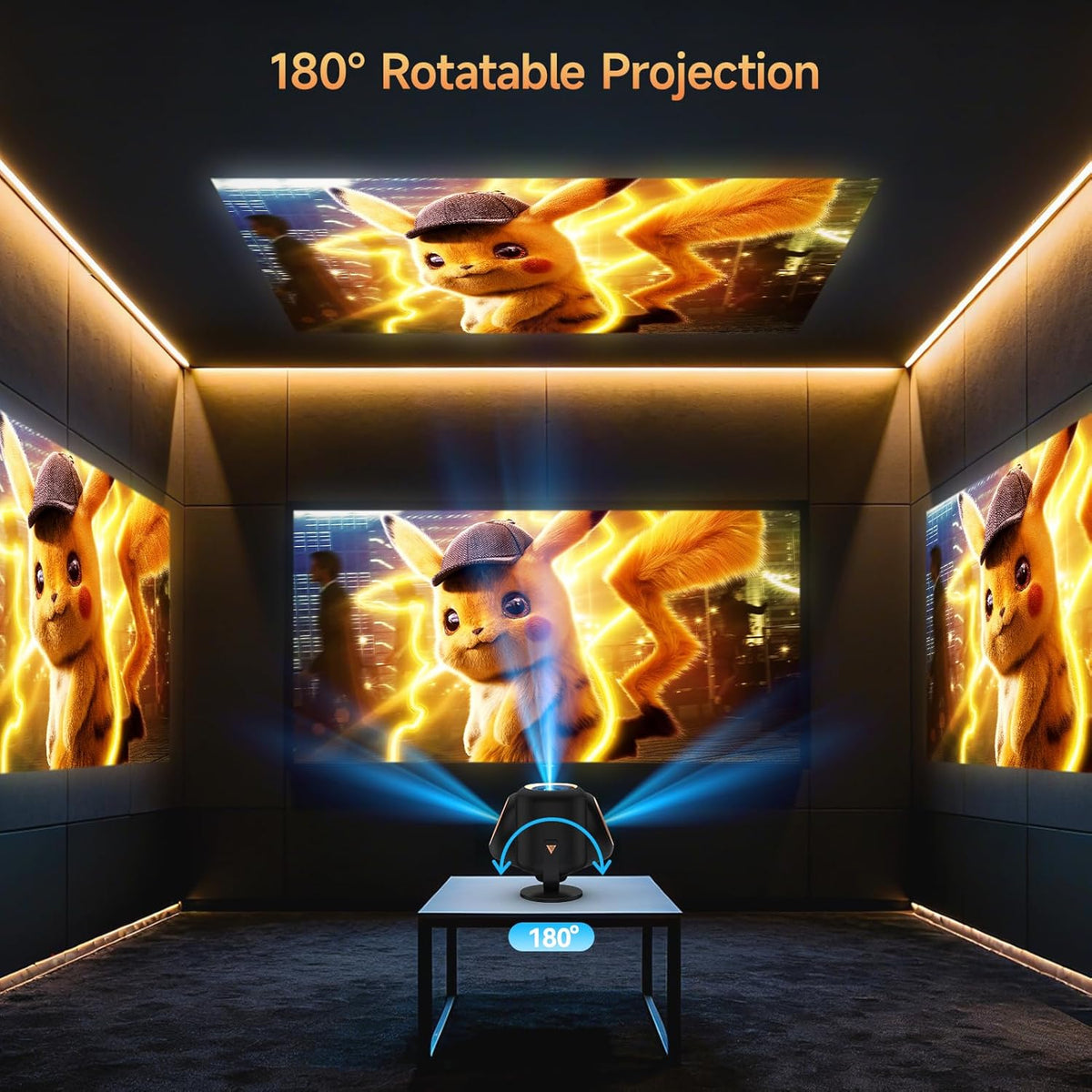 Mini-beamer met wifi en bluetooth, draagbare projector Native 1080P-ondersteuning, 4K met 180° verstelbare standaard, max 180 inch display, geïntegreerde luidsprekers