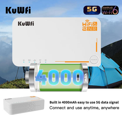 5G Router, NSA/SA 2.5Gbps 5G Modem ondersteuning sim kaart en esim, AX3600 Dualband Draadloze WiFi 6 Router, Draagbaar WiFi Hotspot voor Thuis, Platteland, Reizen, 32 Benutzer, 4000mAh