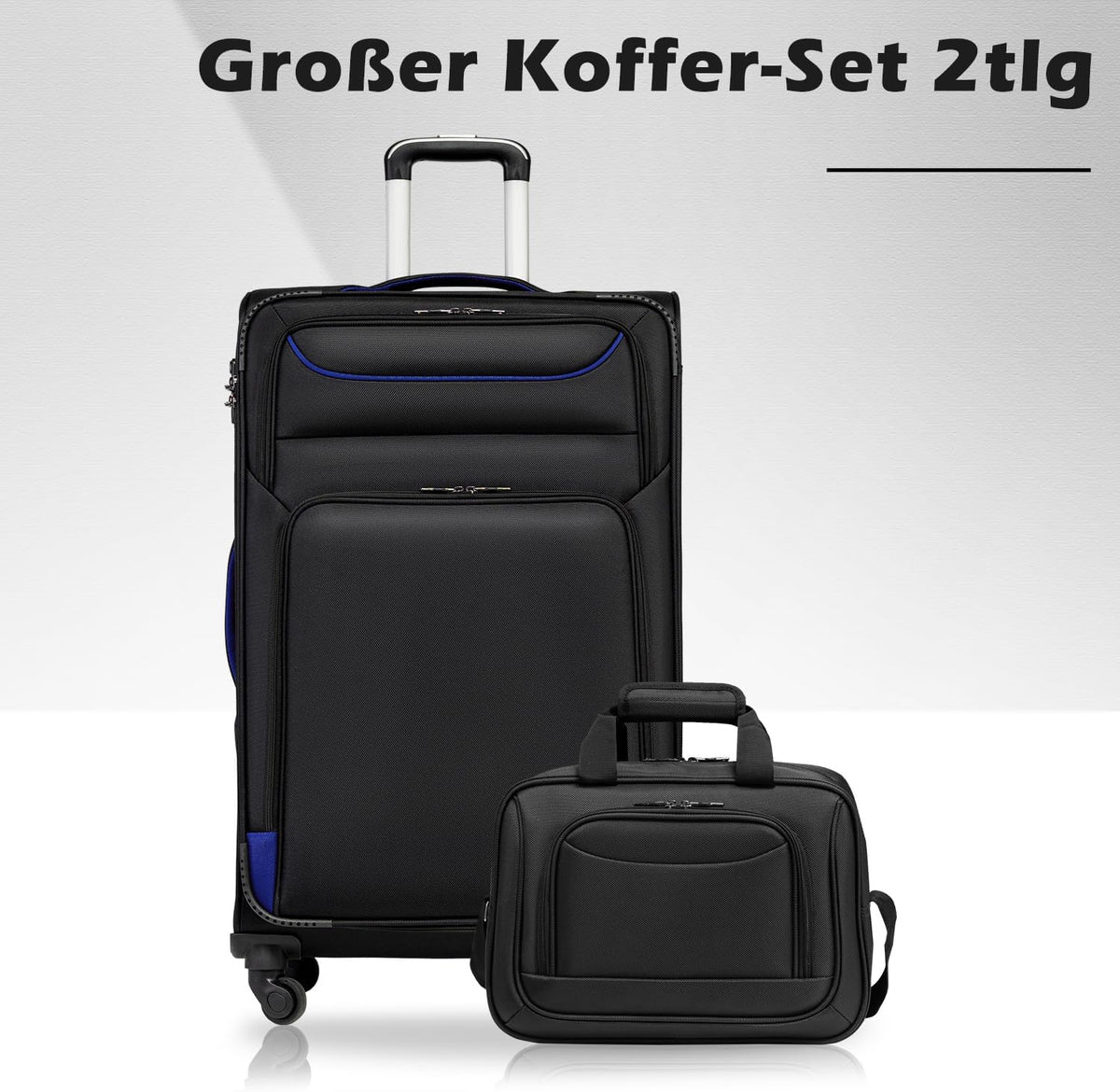COOLIFE Trolley Koffer met 4 Wielen, Stoffen Handbagage met TSA-slot, Grote Schoudertas, Zwart+Blauw, Set 2-delig