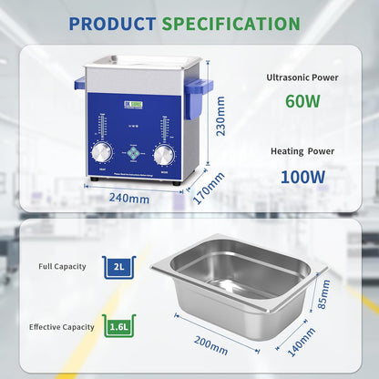 DK SONIC Industrial Ultrasonic Cleaner 2L, 60W | Professional Jewel Cleaner with Coded Timer, Heating & Basket | Multifunctional for Jewel, Glasses, Chains, Watches - QUORE