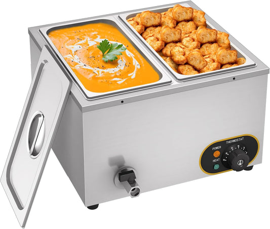 Bain Marie elektrische voedselwarmer, professioneel, roestvrij staal, 2 x 1/3 GN containers met deksel, temperatuur verstelbaar 30 °C - 85 °C, voor restaurants Les Cantine