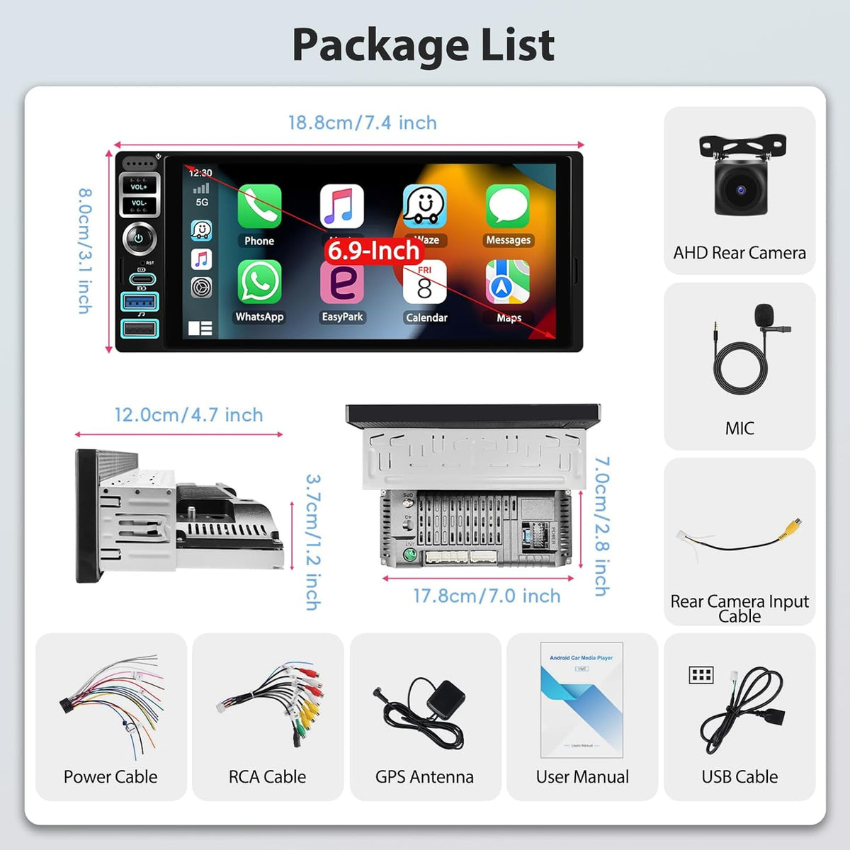 4 + 64G autoradio, 1 Din A-pple, Carplay Android autoradio, dubbele DIN-stereo-radio, 6,9 inch met IPS-touchscreen, Android 15 autoradio met Bluetooth 5.0/GPS/WiFi/FM/RDS
