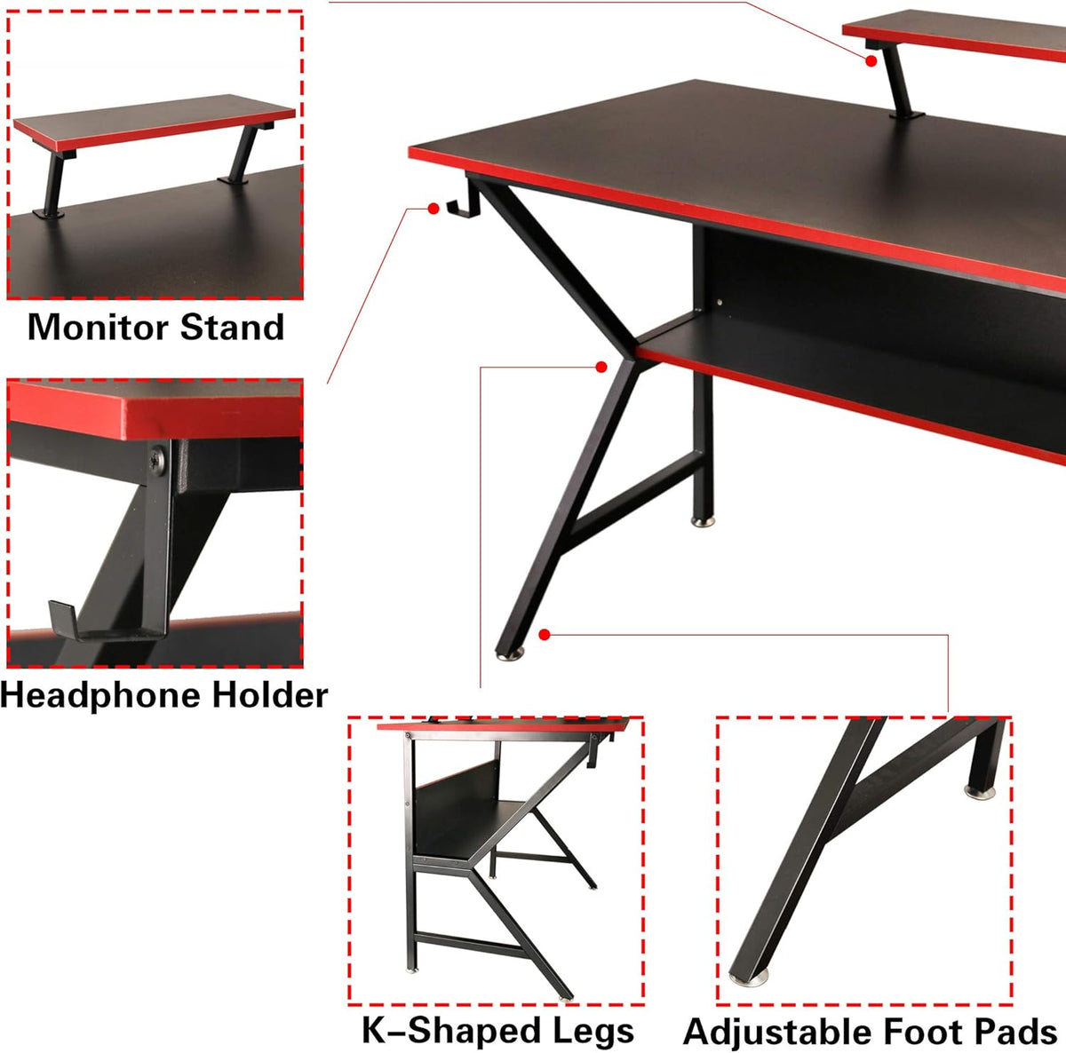 Lavievert Ergonomische Gaming Bureau K Vormige Home Office PC Computer Tafel Gamer Werkstation met Verstelbare Monitor Stand & Opslag Plank