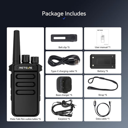 Retevis MateTalk P64 Digitale 2-Weg Radio met Oortelefoon, Professionele Walkie Talkies Lange Afstand, Compatibele Repeater, Groepsgesprek, voor Communicatiehandelaren en Retailers (5 pack)