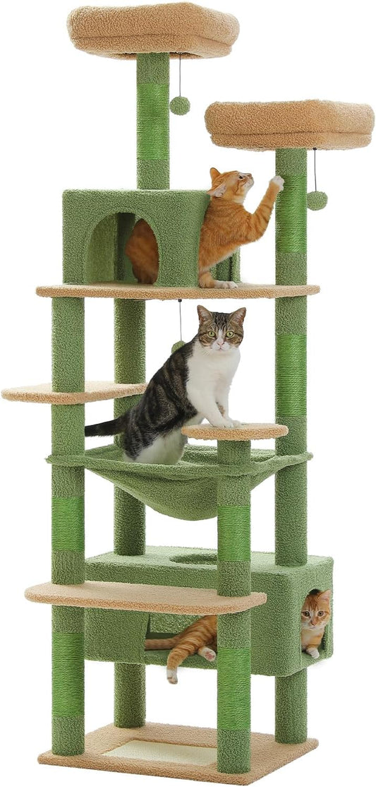 PAWZ Road Large Scratching Post, 184 cm Cat Tower for Large Cats, Cat Enclosure with Scratching Posts and Pads Covered with Sisal Pads, 2 Padded Perches, Double Stay and Basket for Indoor Cats, Green - QUORE
