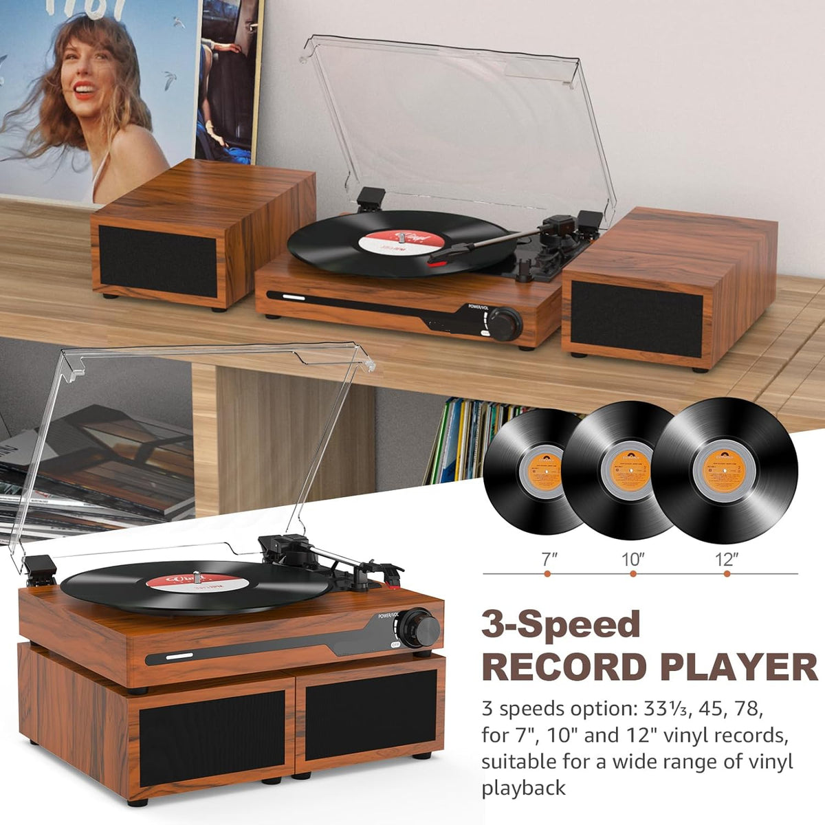 Platenspeler - Geïntegreerde Luidsprekers - Vintage Fonograaf - met Bluetooth 5.3 Ondersteunt - 2 Dubbele Stereoluidsprekers - 3 Snelheden - AUX - RCA - USB - Draadloos Afspelen - Hout - Bruin