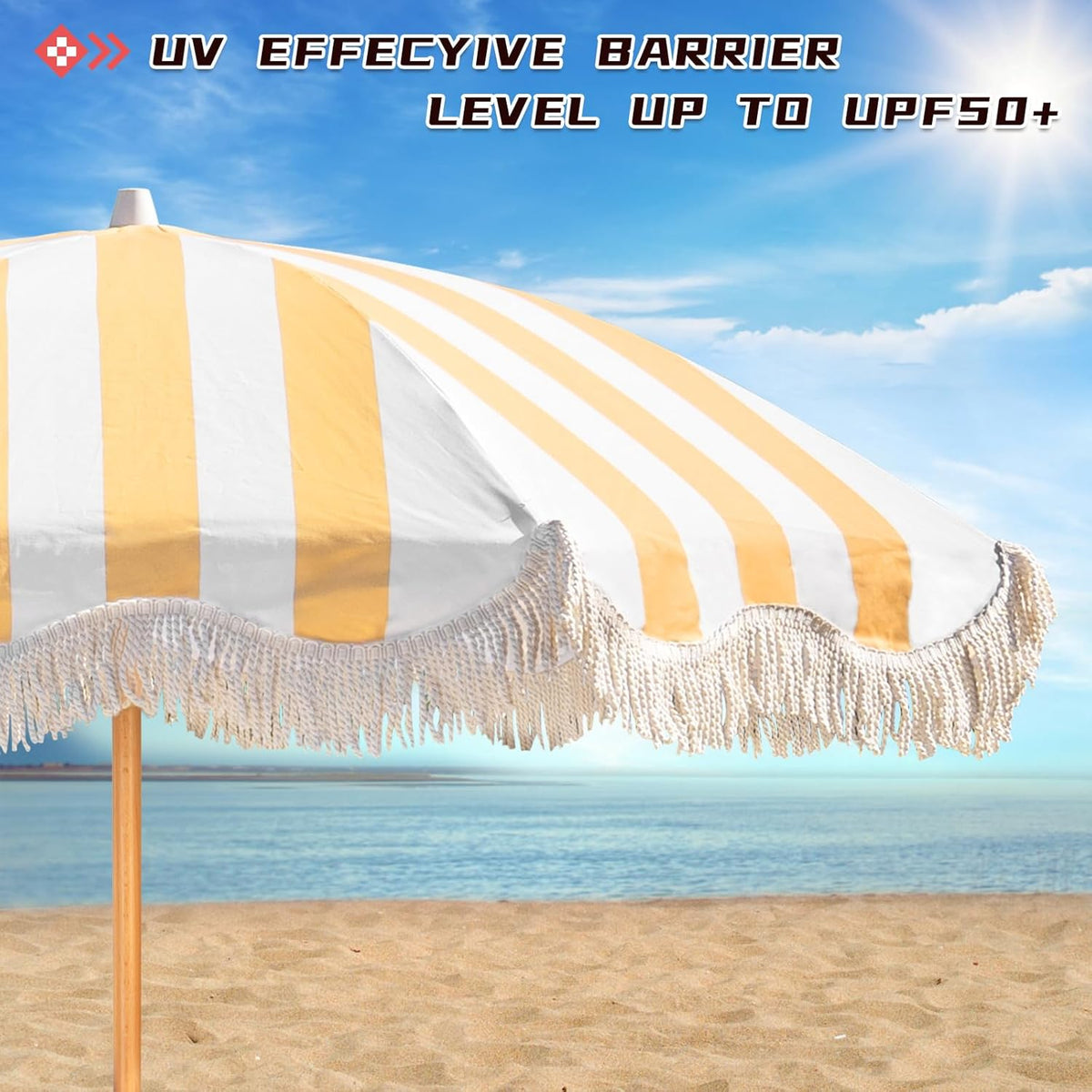 2M Boho strandparasol met franje, UPF 50+ kwastjes met draagtas, premium houten stang, opvouwbare terrasparaplu voor buiten, tuin, gazon, zwembad, tuintafel