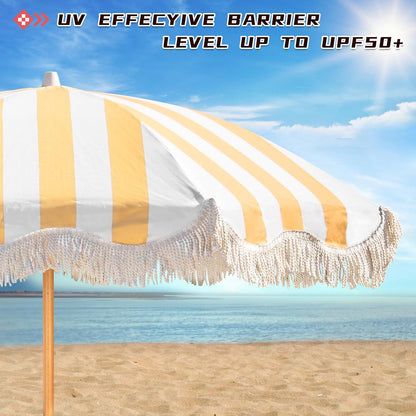 2M Boho strandparasol met franje, UPF 50+ kwastjes met draagtas, premium houten stang, opvouwbare terrasparaplu voor buiten, tuin, gazon, zwembad, tuintafel