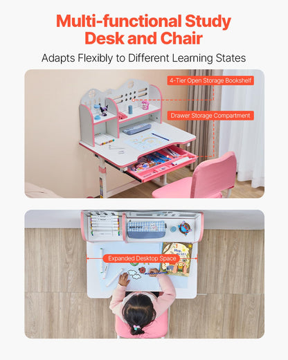 Kinderbureau – Kindertafel – Kinderstoel – Studiehoek – Kindermeubel – In Hoogte Verstelbaar – MDF En Stalen Frame
