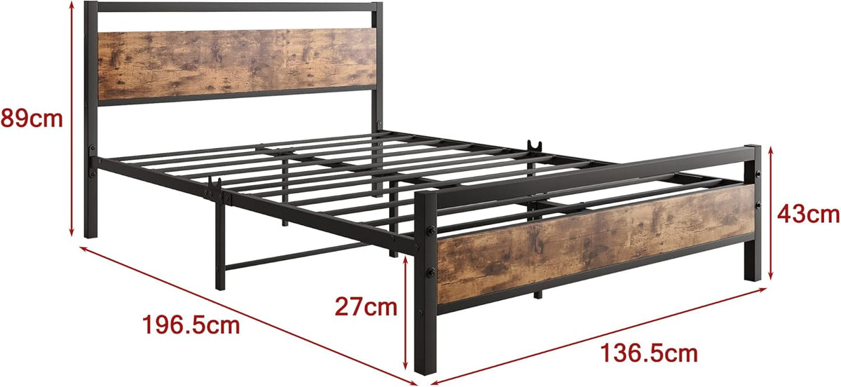 BOFENG Bedframe voor tweepersoonsbed, 137 cm, met houten hoofdeinde, robuust platformbedframe, geen boxspring nodig, boerderijbedden, robuuste bedbodem van vierkante buis, huismeubilair