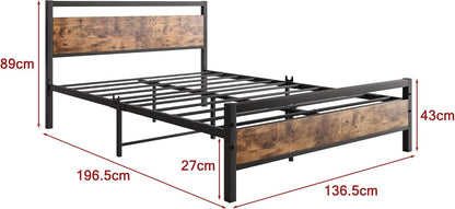 BOFENG Bedframe voor tweepersoonsbed, 137 cm, met houten hoofdeinde, robuust platformbedframe, geen boxspring nodig, boerderijbedden, robuuste bedbodem van vierkante buis, huismeubilair