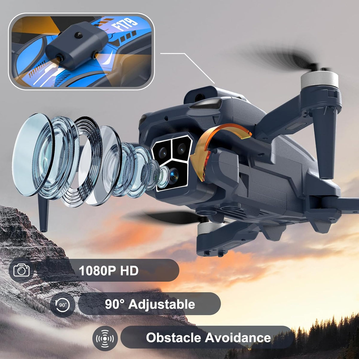 Drone met 1080P-camera, borstelloze motoren, obstakelvermijding en wifi-besturing, trajectvlucht, 3D-flip, optische stromingspositionering, elektrische 90°-lens, quadcopter voor volwassenen/kinderen
