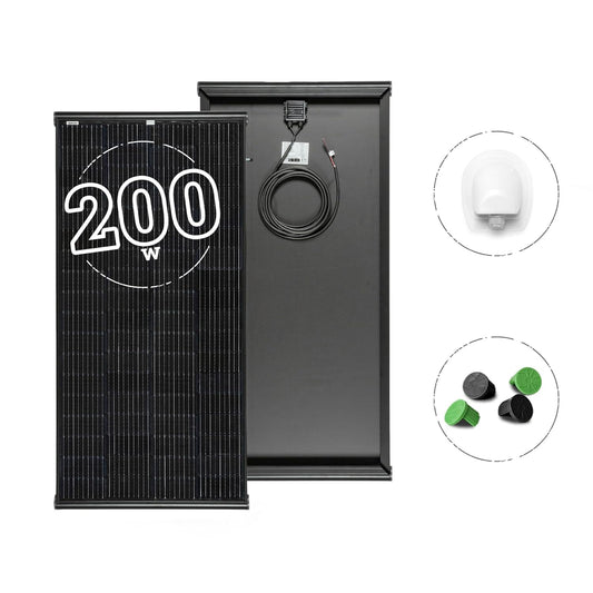 MOSCATELLI Zonnepaneel 200W Black Boost Monokristallijn PERC Compleet Kit voor Campers met Geïntegreerd Zwart Aluminium Profiel voor Dakbevestiging - ZONDER REGELAAR
